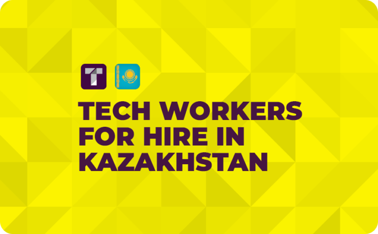 Yellow Background with Purple TRUSS Logo and Kazakhstan Flag with Purple Tech Workers for Hire in Kazakhstan Text