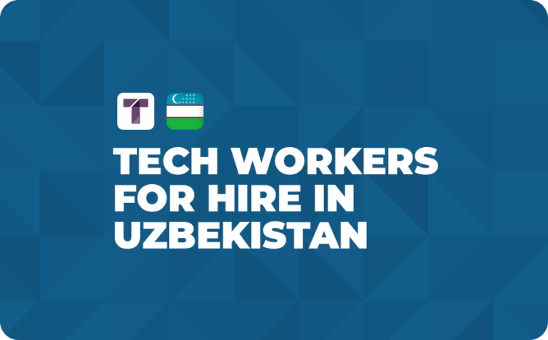 Blue Background with White TRUSS Logo and Uzbekistan Flag with White Tech Workers for Hire in Uzbekistan