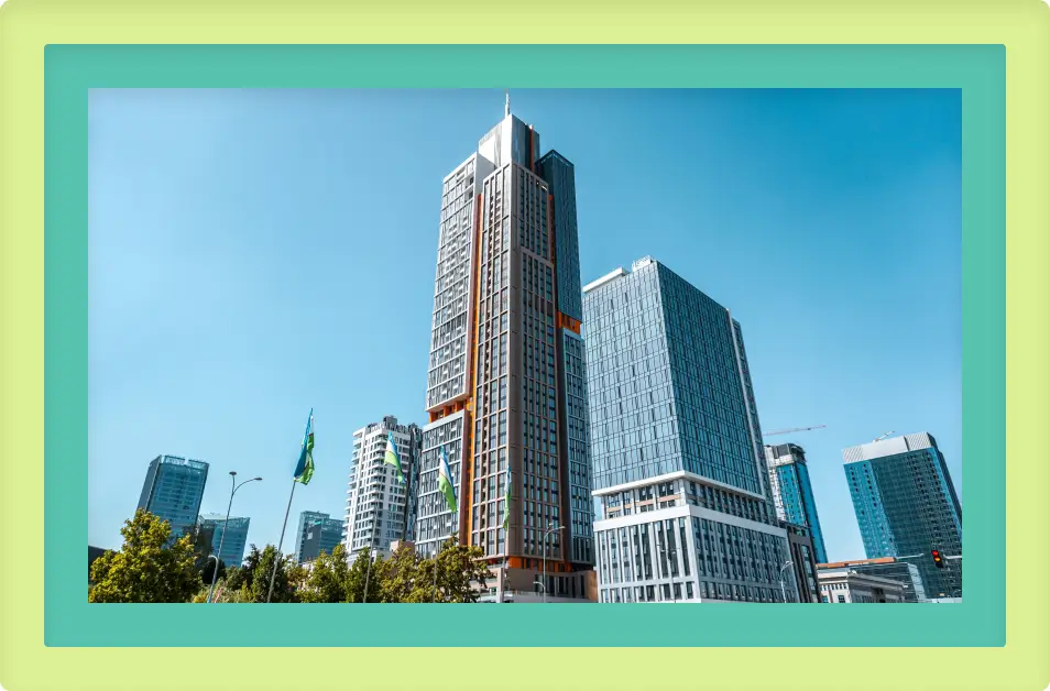 a city with tall buildings in the foreground