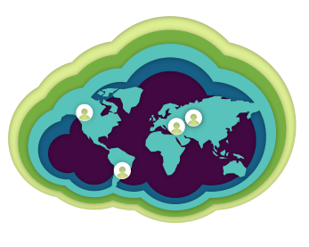 a map of the world with people in the center
