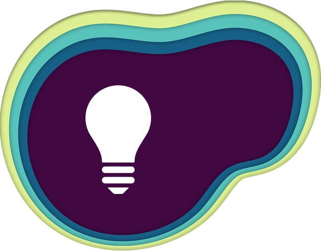 White lightbulb icon centered on a dark purple background with layered green and teal abstract shapes, symbolizing innovation or architectural thinking.