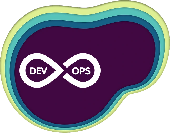 Stylized white infinity symbol with the words "DEP" and "OPS" inside, representing DevOps, on a dark purple background with layered green and teal abstract shapes.