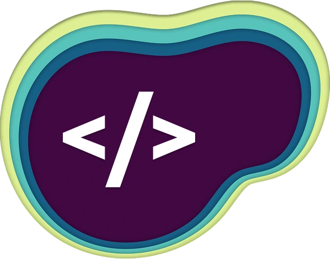 Illustration of a white code symbol (</>) on a dark purple background with layered abstract shapes in green and teal, representing full-stack development.