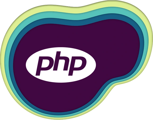 Illustration of the PHP logo in white and purple, centered on a dark purple background with layered abstract shapes in green and teal.