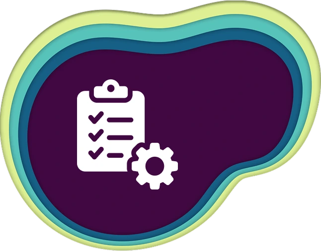 Illustration of a white clipboard with checkmarks and a gear icon on a dark purple background, surrounded by layered abstract shapes in green and teal tones.