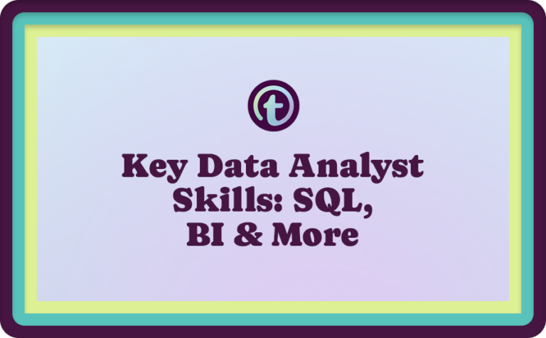 Purple Background with Purple Logo and Purple Key Data Analyst Skills: SQL, BI & More Text