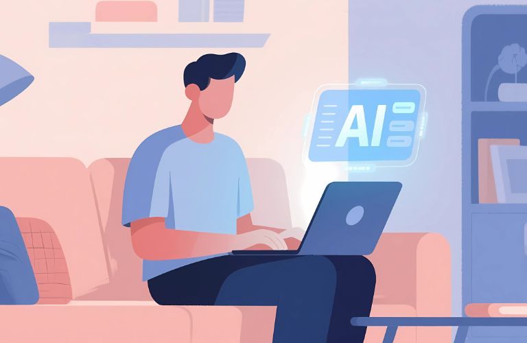 Pink and Blue Graphic of Man on Couch with Laptop and AI Graphic