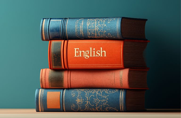 Stack of Books on Table with One Titled English