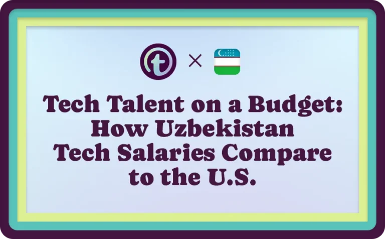 Title slide with text "Tech Talent on a Budget: How Uzbekistan Tech Salaries Compare to the U.S." and logos of a tech company and Uzbekistan flag.