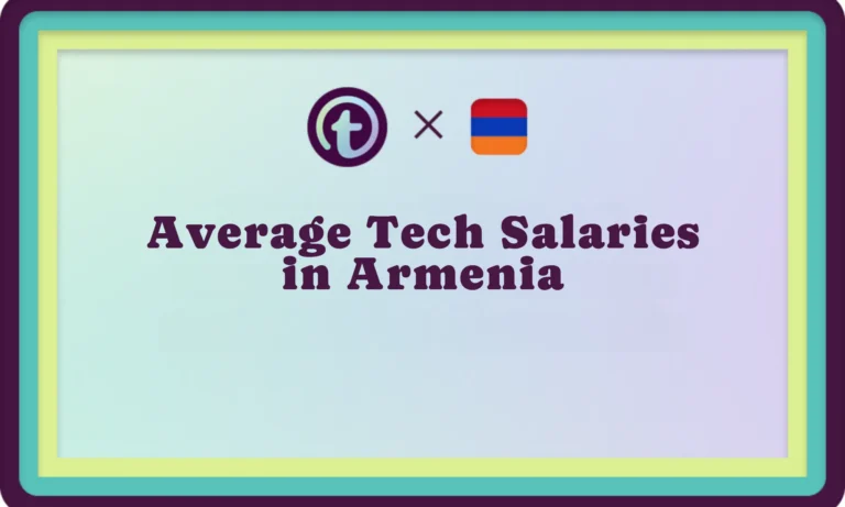 Infographic titled "Average Tech Salaries in Armenia" with logos and a blue-green border.