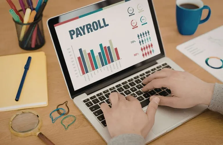 Hands typing on laptop displaying payroll bar chart and infographic, with office supplies nearby.