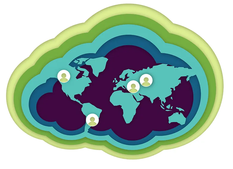 Stylized layered cloud graphic with world map and user icons on multiple continents.