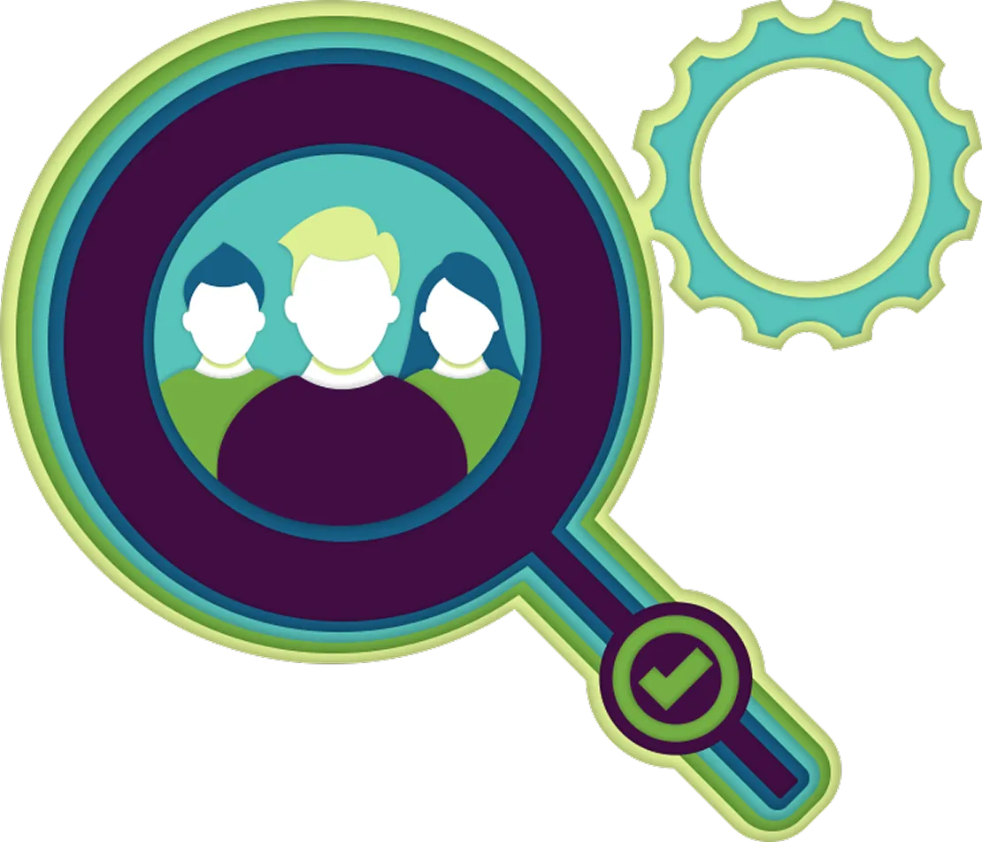 Illustration of a magnifying glass focusing on three faceless people, with a gear and checkmark icons.