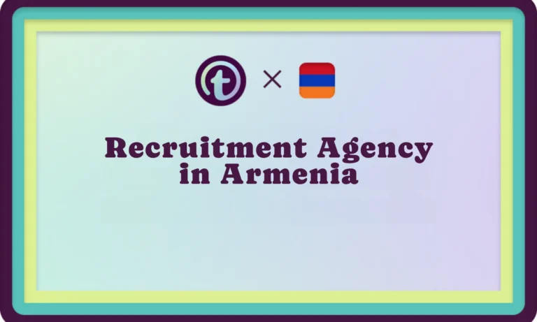 Graphic with circular logo and Armenian flag icon above bold text reading "Recruitment Agency in Armenia" on a pastel background.