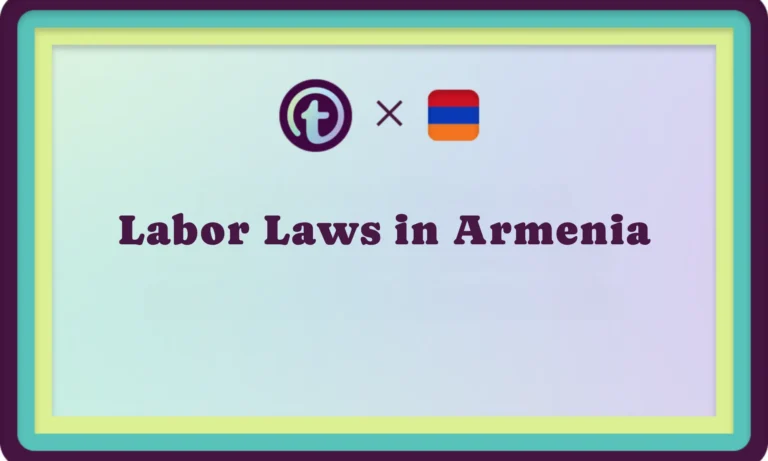 Graphic with text "Labor Laws in Armenia" and logos above, framed in teal, yellow, and purple borders.
