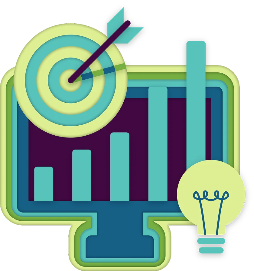 Illustration of a bar chart on a monitor with a target and arrow above, and a lightbulb icon.