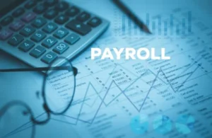 Calculator, eyeglasses, and payroll documents with financial charts.