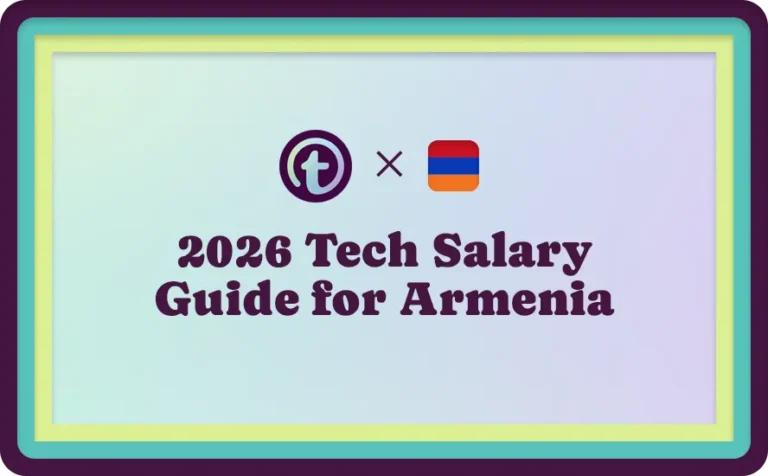 2026 Tech Salary Guide for Armenia text with a logo and Armenian flag on a gradient background.