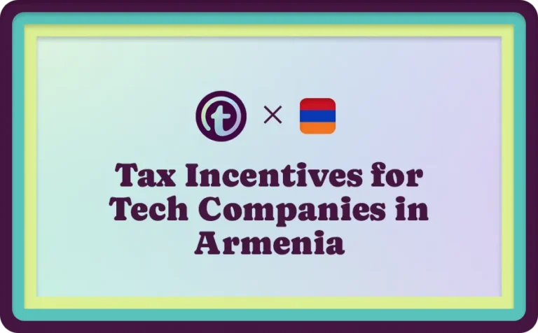 Presentation slide with text "Tax Incentives for Tech Companies in Armenia" and icons of a stylized "t" and the Armenian flag.