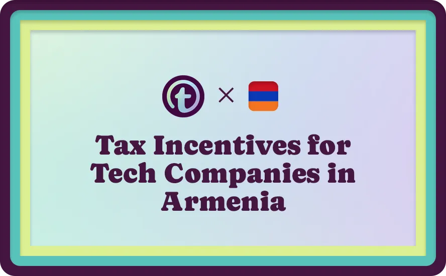 Presentation slide with text "Tax Incentives for Tech Companies in Armenia" and icons of a stylized "t" and the Armenian flag.