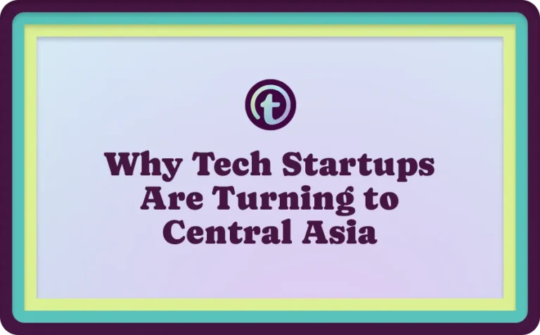 Title slide with text "Why Tech Startups Are Turning to Central Asia" in dark purple on a light blue background, framed by teal and lime green borders.