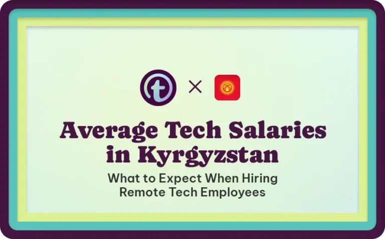 Title slide with logos and text reading "Average Tech Salaries in Kyrgyzstan: What to Expect When Hiring Remote Tech Employees" on a light green background.