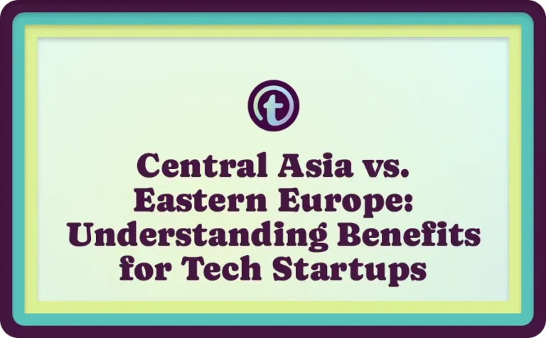 Title slide with teal and purple border, displaying text "Central Asia vs. Eastern Europe: Understanding Benefits for Tech Startups.